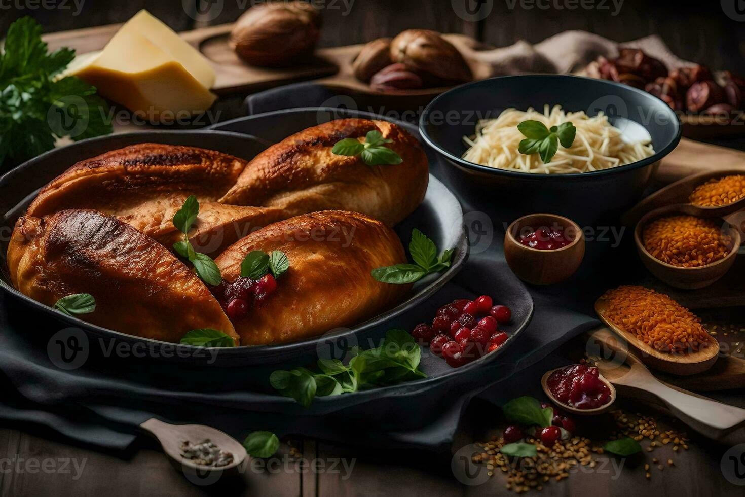 turkey breast with stuffing and cheese on a wooden table. AI-Generated photo