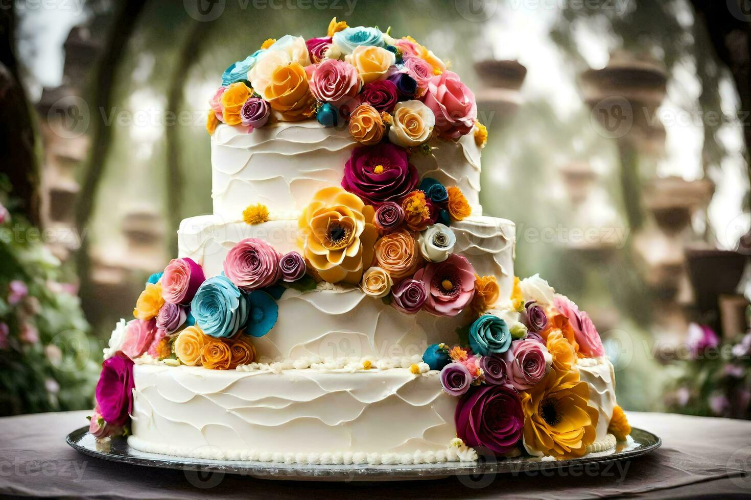 a three tiered cake with colorful flowers on top. AI-Generated photo