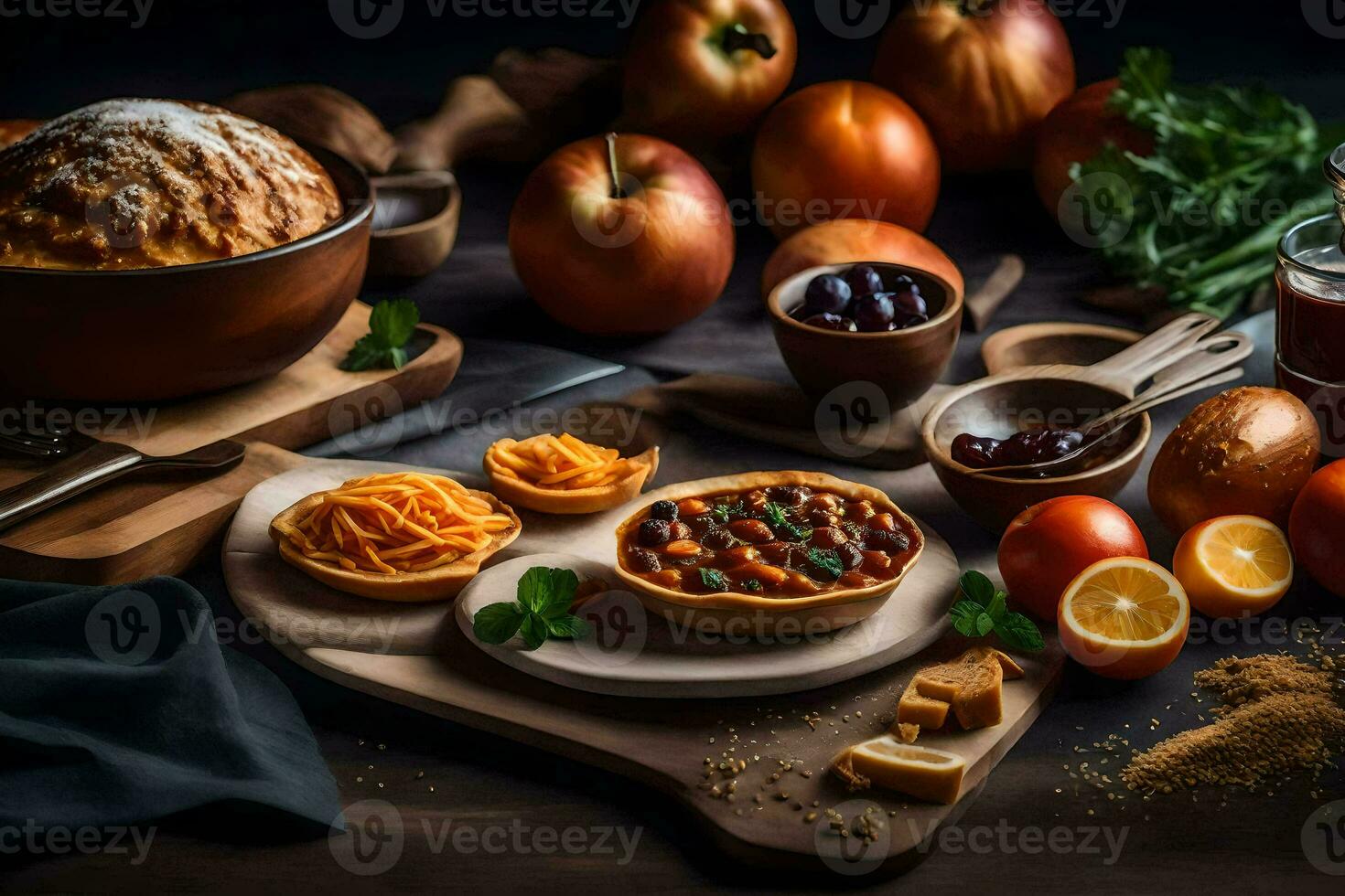 a table with various foods including bread, apples, oranges and other ingredients. AI-Generated photo