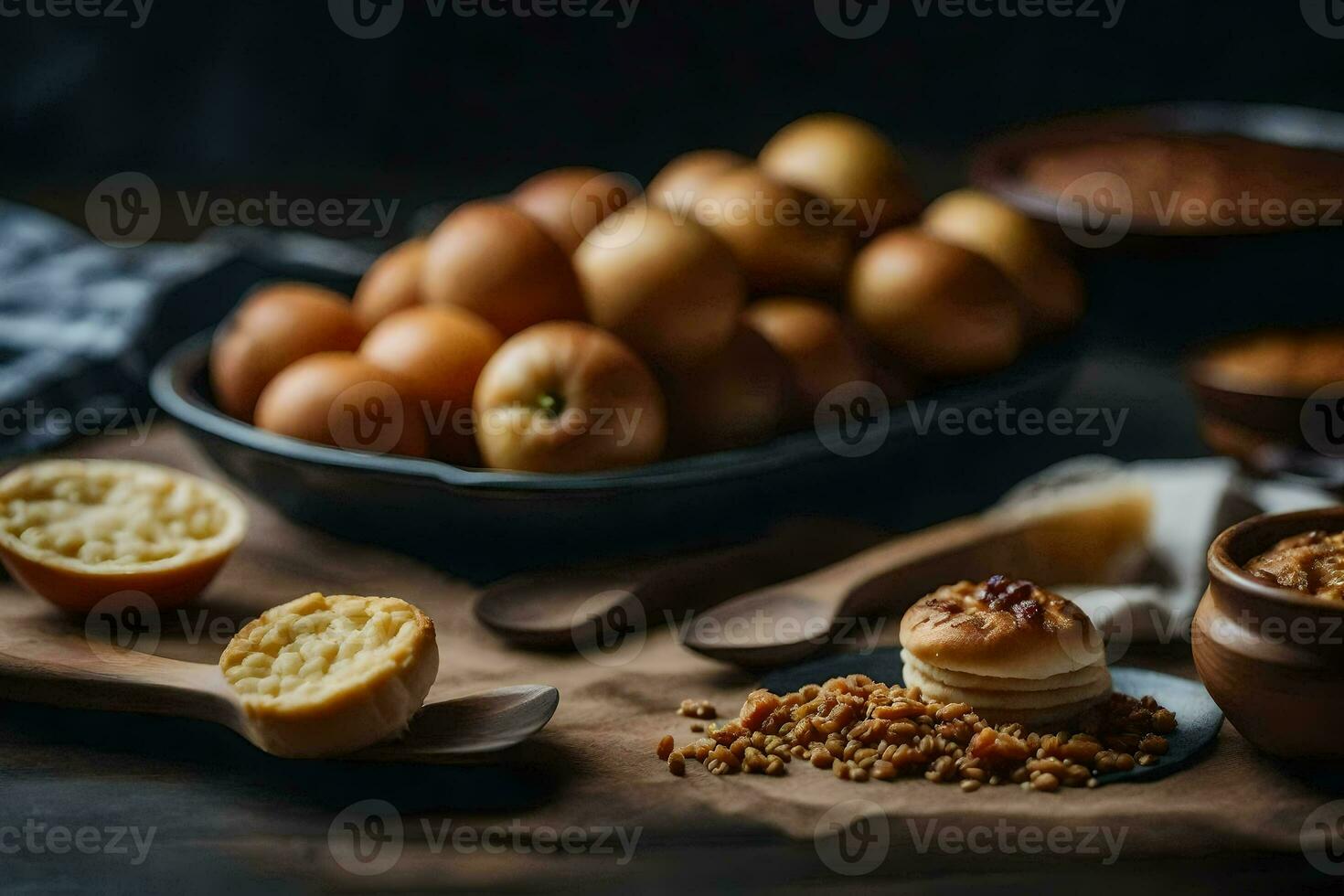 a table with a bowl of apples, a bowl of nuts and a bowl of bread. AI-Generated photo