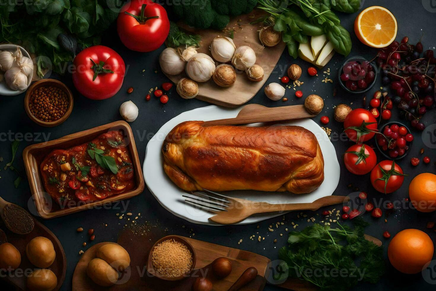 a loaf of bread surrounded by vegetables and other ingredients. AI-Generated photo