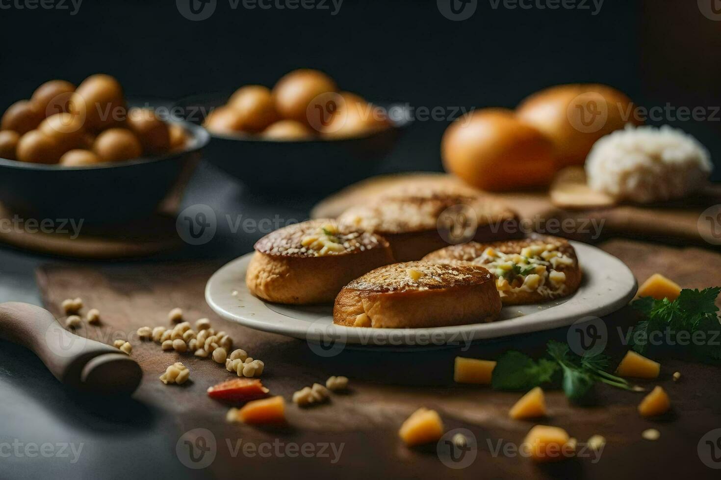 a plate of bread with nuts and vegetables. AI-Generated photo