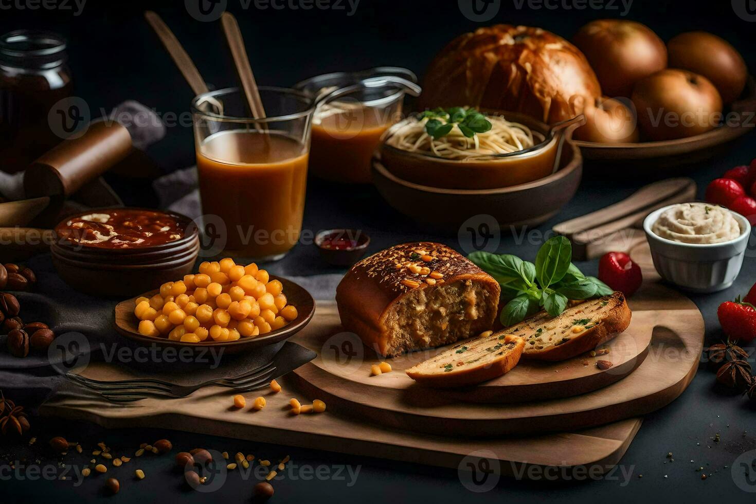 un variedad de comida en un corte tablero. generado por ai foto