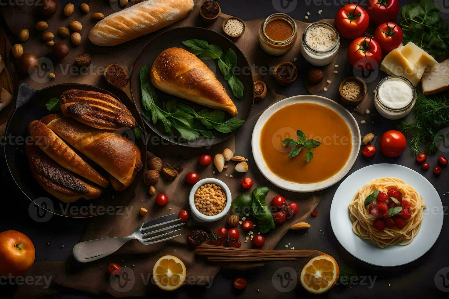 various foods including bread, cheese, tomatoes, and other ingredients. AI-Generated photo