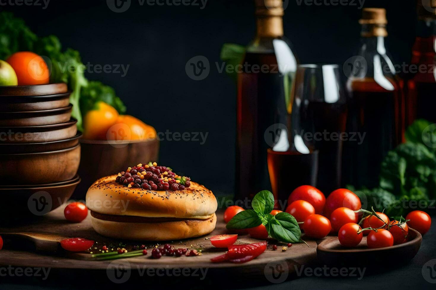 a hamburger with tomatoes and other ingredients on a table. AI-Generated photo