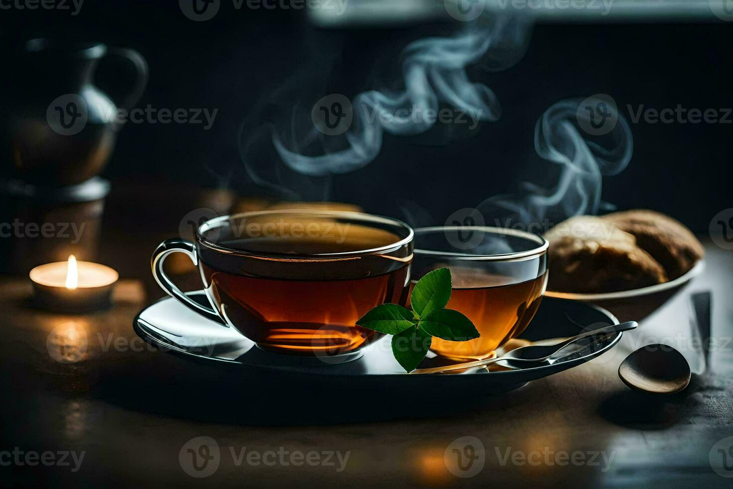 the tea cup and the tea bag are placed on the table. AI-Generated photo