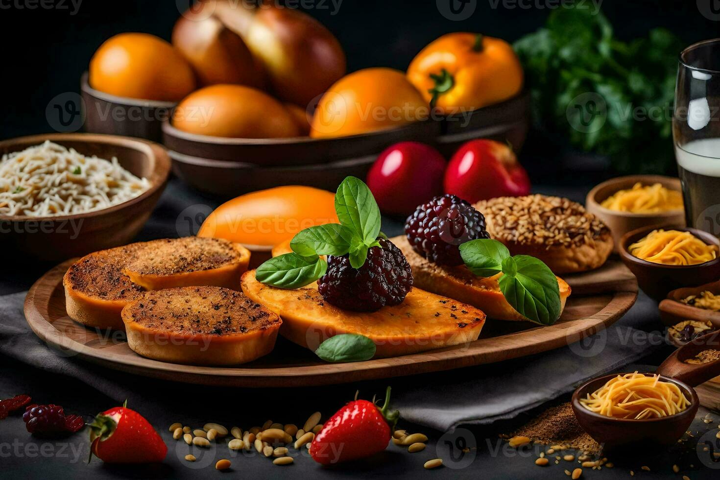 comidas en un mesa con leche, pan, Fruta y nueces. generado por ai foto