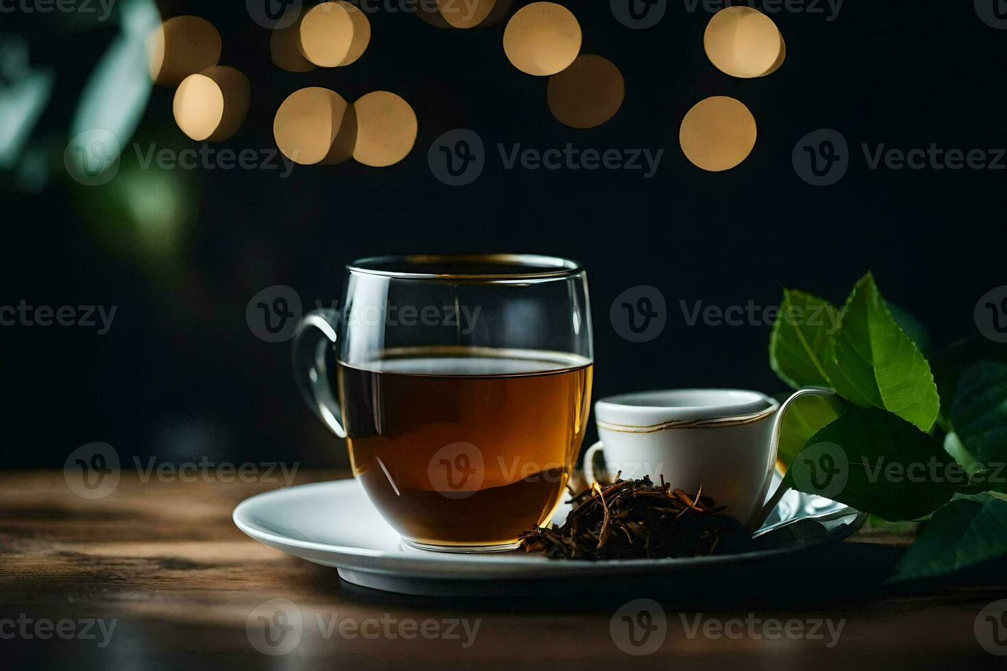 a cup of tea and a saucer on a wooden table. AI-Generated photo