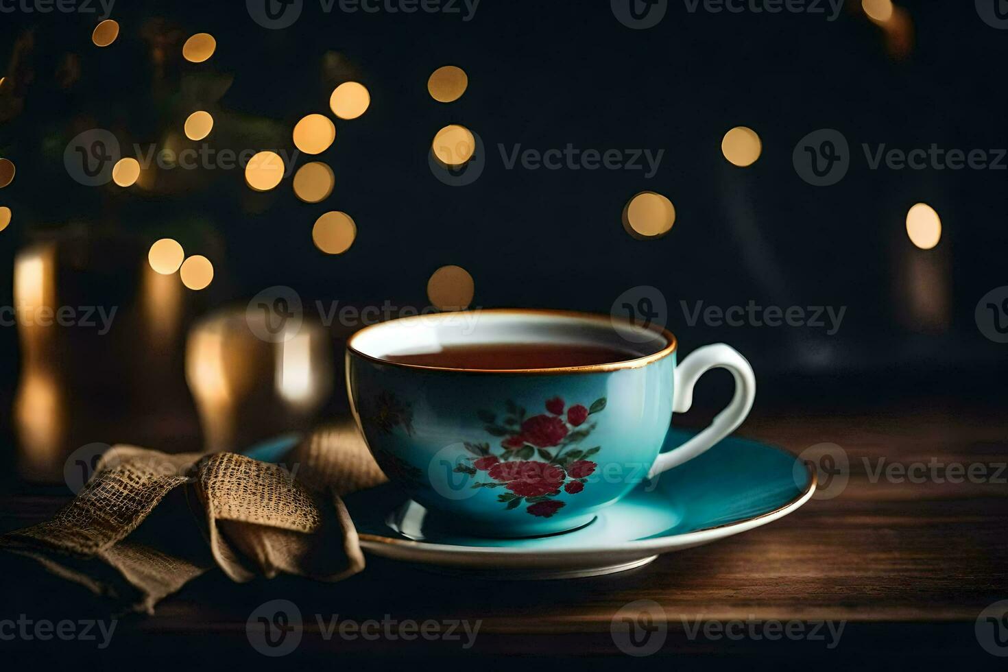 a cup of tea on a wooden table with a christmas tree in the background. AI-Generated photo