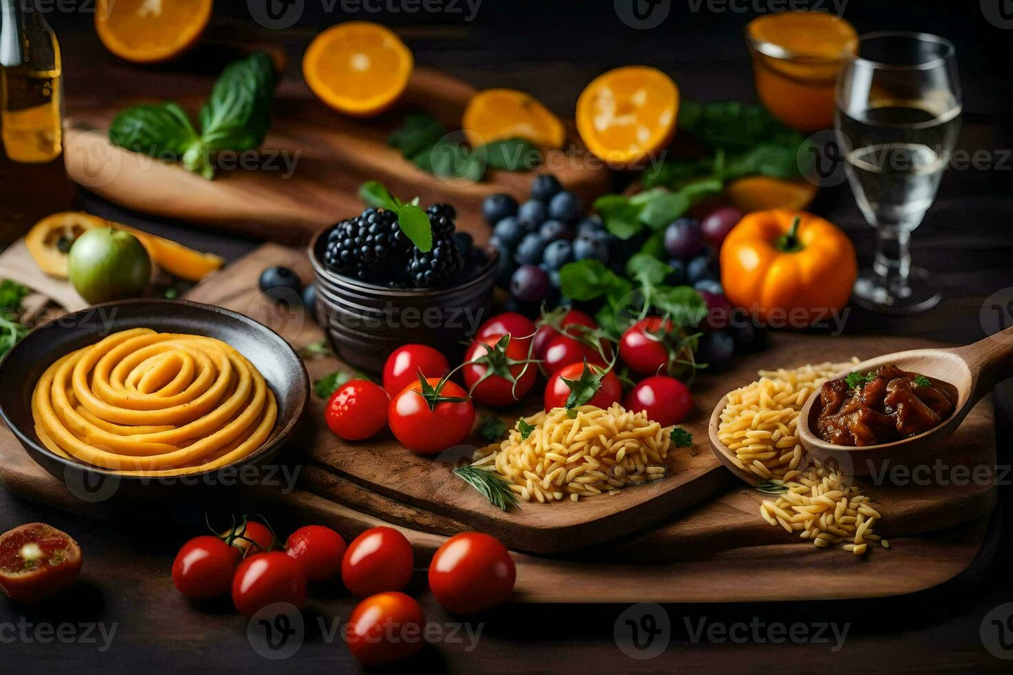 various fruits and vegetables are arranged on a wooden cutting board. AI-Generated photo