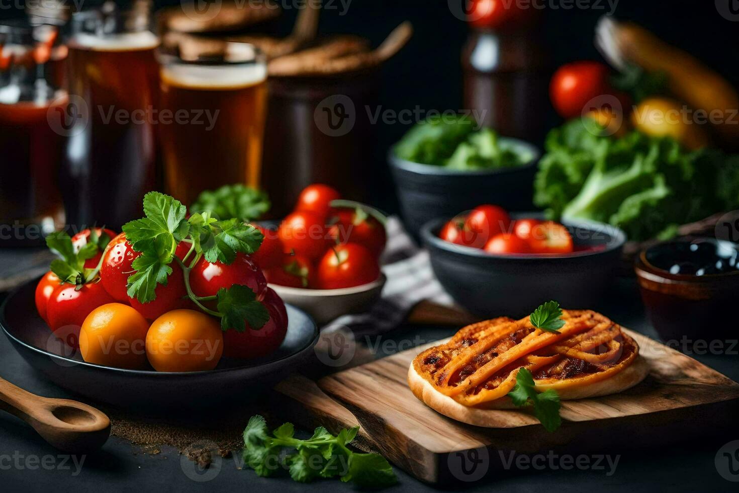 a variety of food including bread, tomatoes and beer. AI-Generated photo