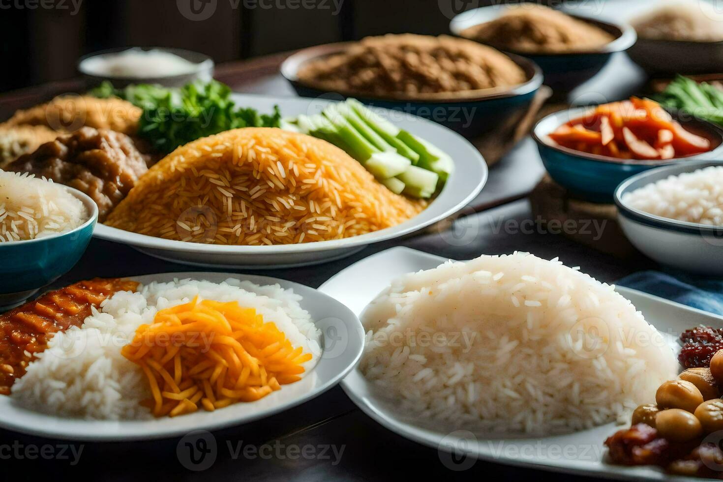 a table with many different types of rice. AI-Generated photo