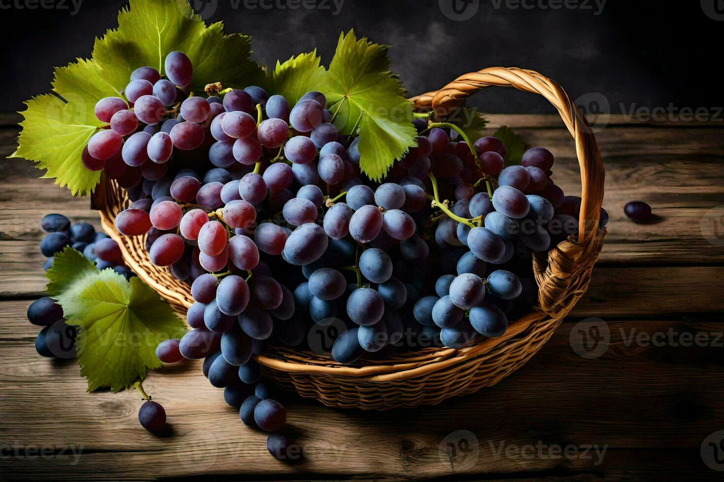 grapes in a basket on a wooden table. AI-Generated photo