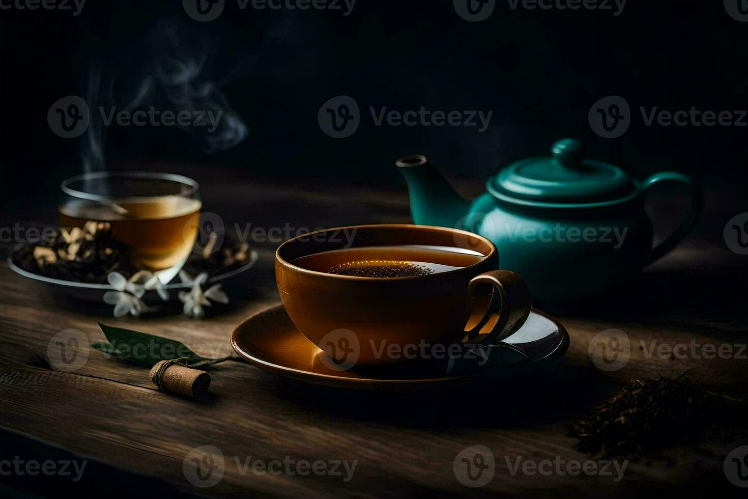 a cup of tea and a teapot on a wooden table. AI-Generated photo