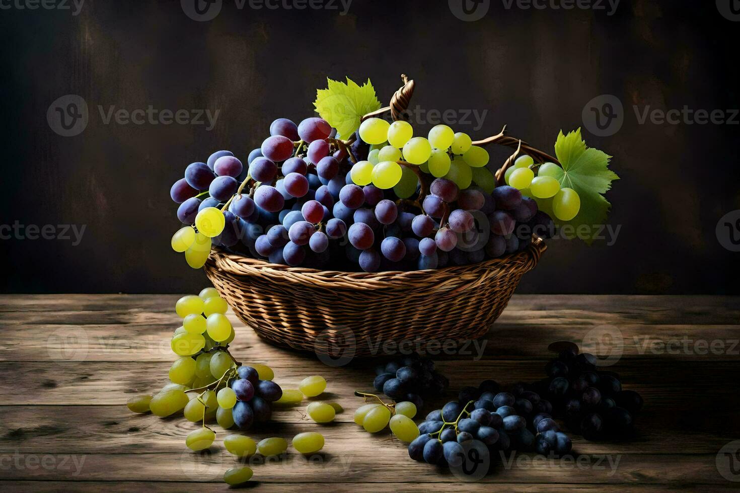 grapes in a basket on a wooden table. AI-Generated photo