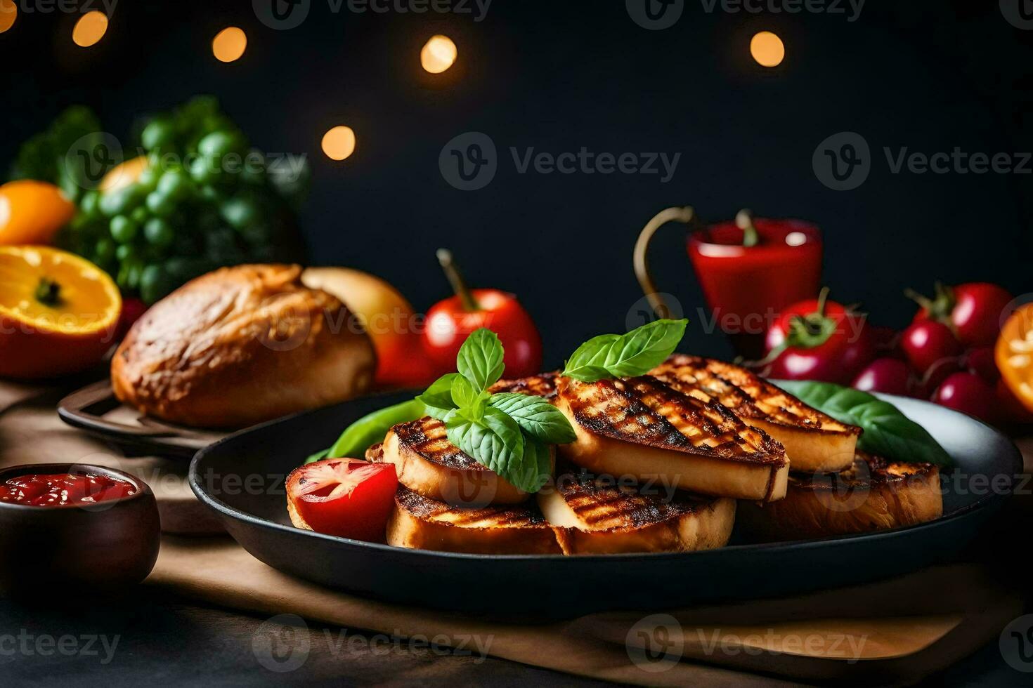 A la parrilla queso en un plato con Tomates y otro vegetales. generado por ai foto