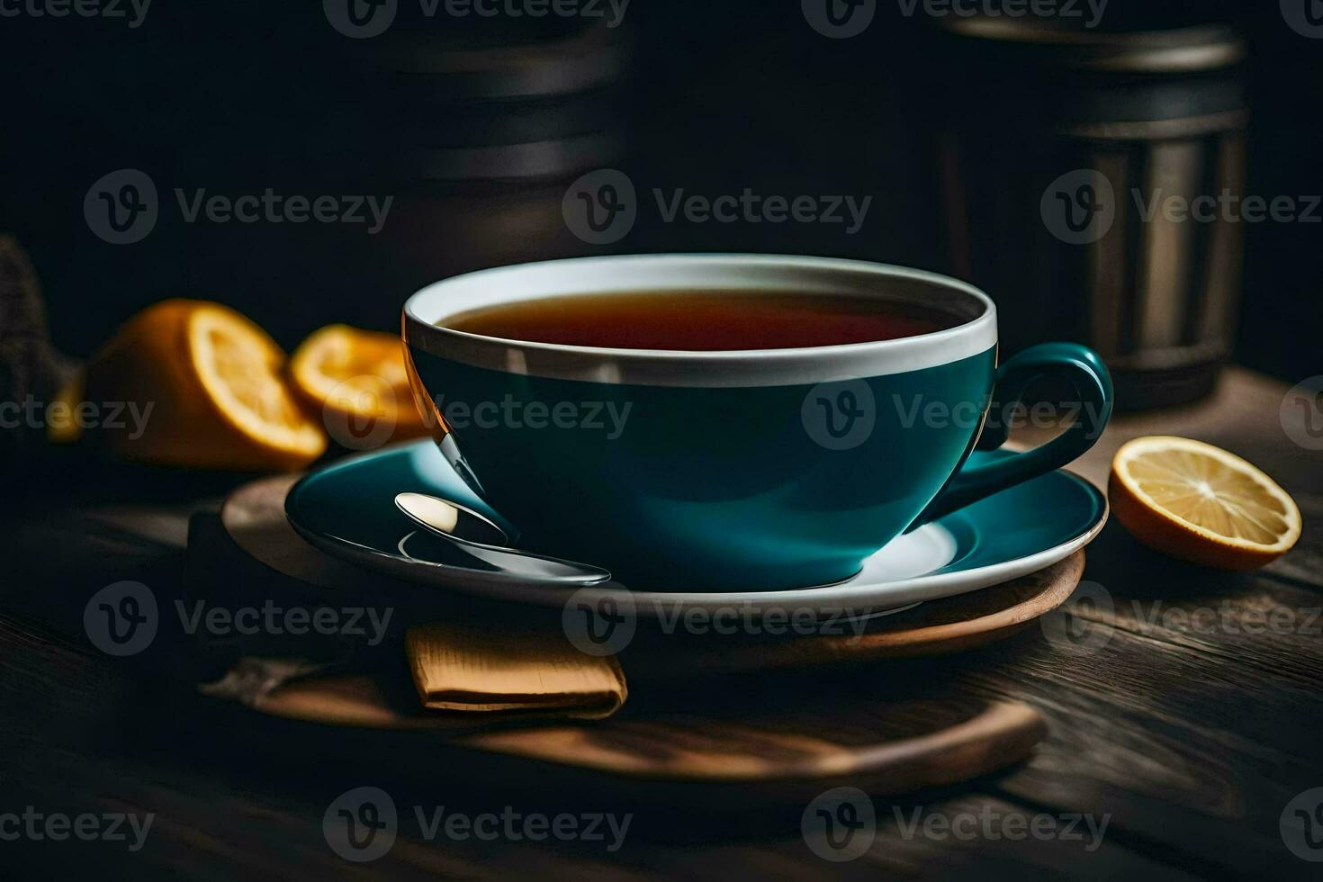 a cup of tea on a wooden table. AI-Generated photo