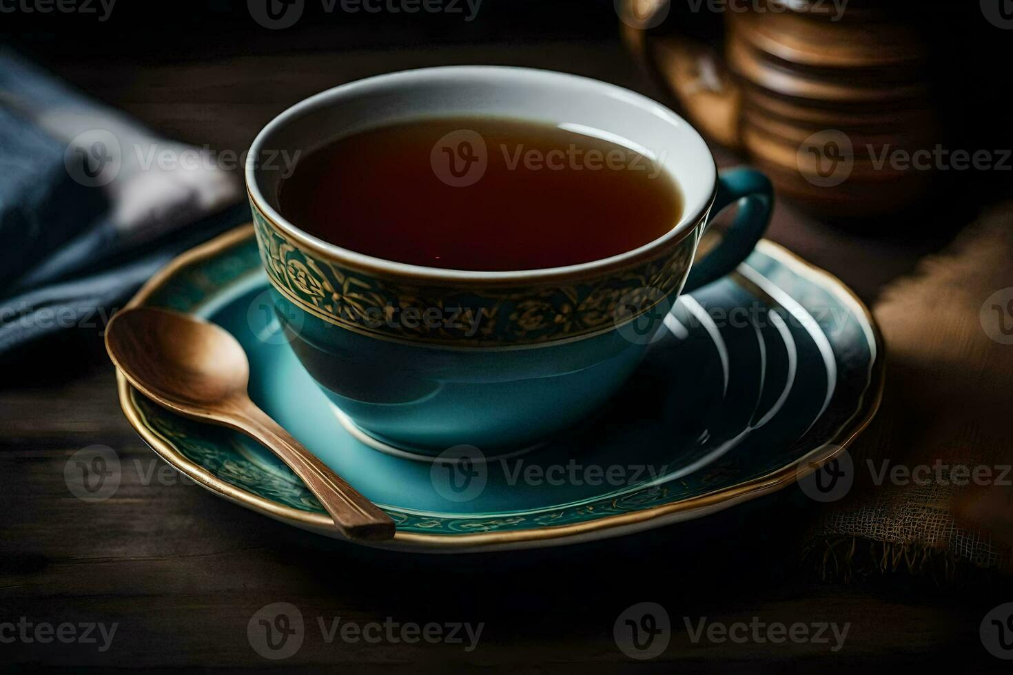 a cup of tea on a wooden table. AI-Generated photo