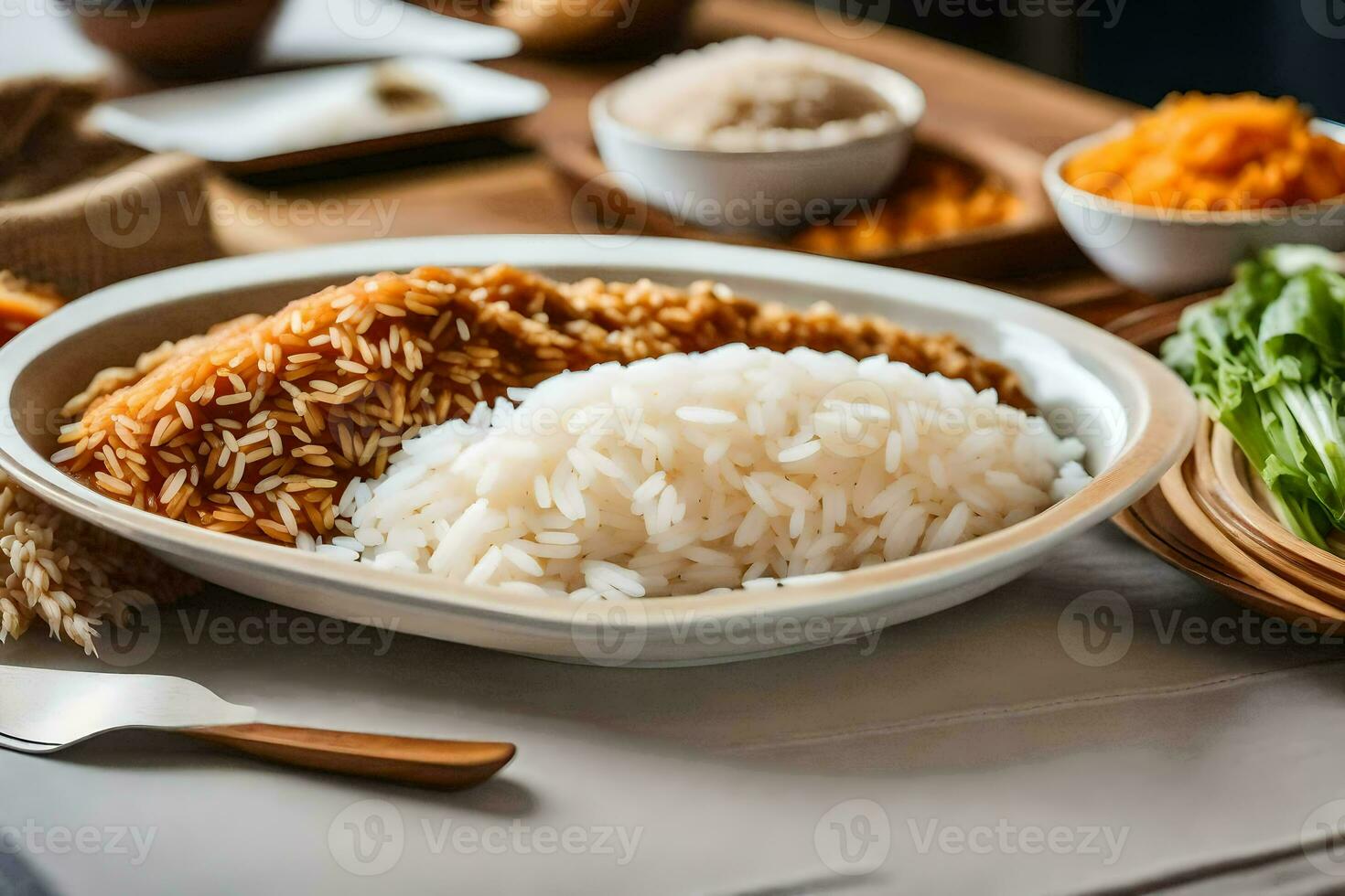 a bowl of rice, vegetables and a spoon on a table. AI-Generated photo