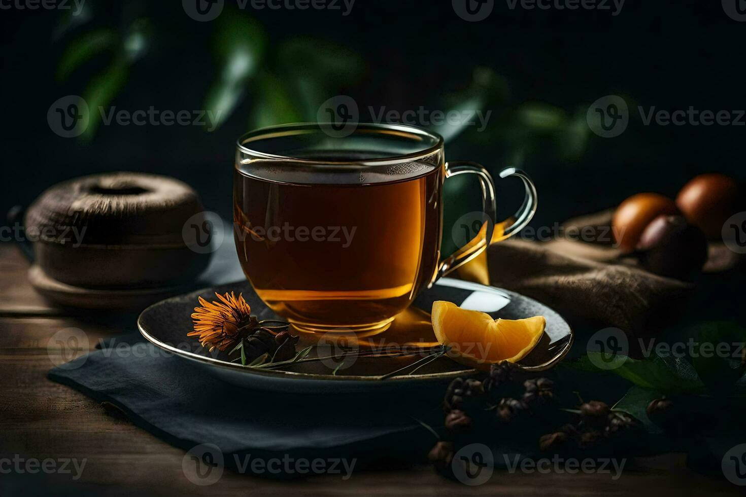 a cup of tea with a slice of orange and a bowl of nuts. AI-Generated photo