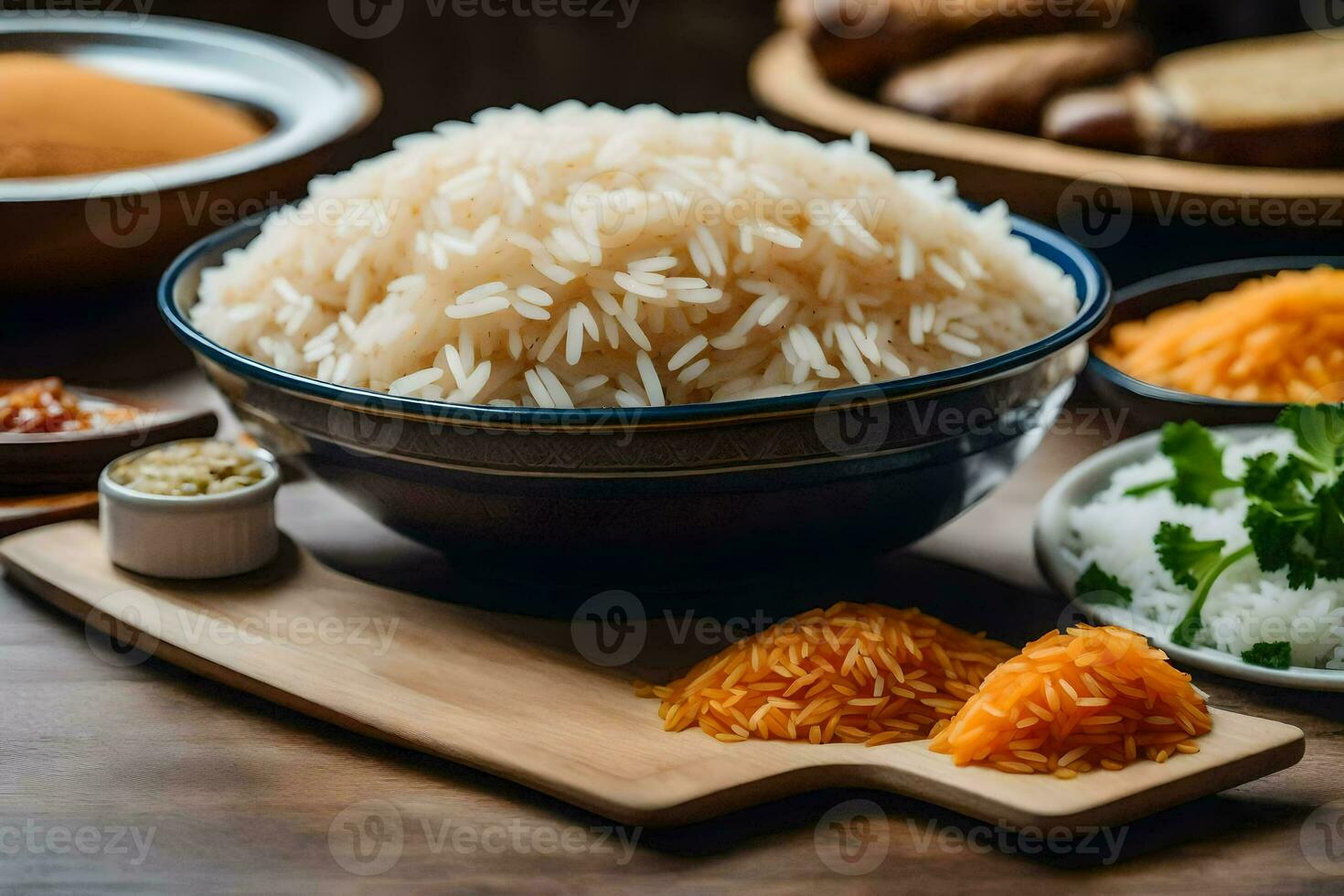 a bowl of rice with other ingredients on a table. AI-Generated photo