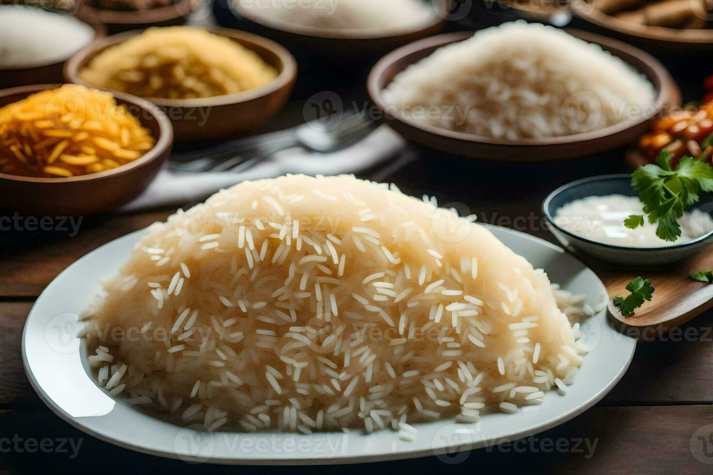 various types of rice on a wooden table. AI-Generated photo