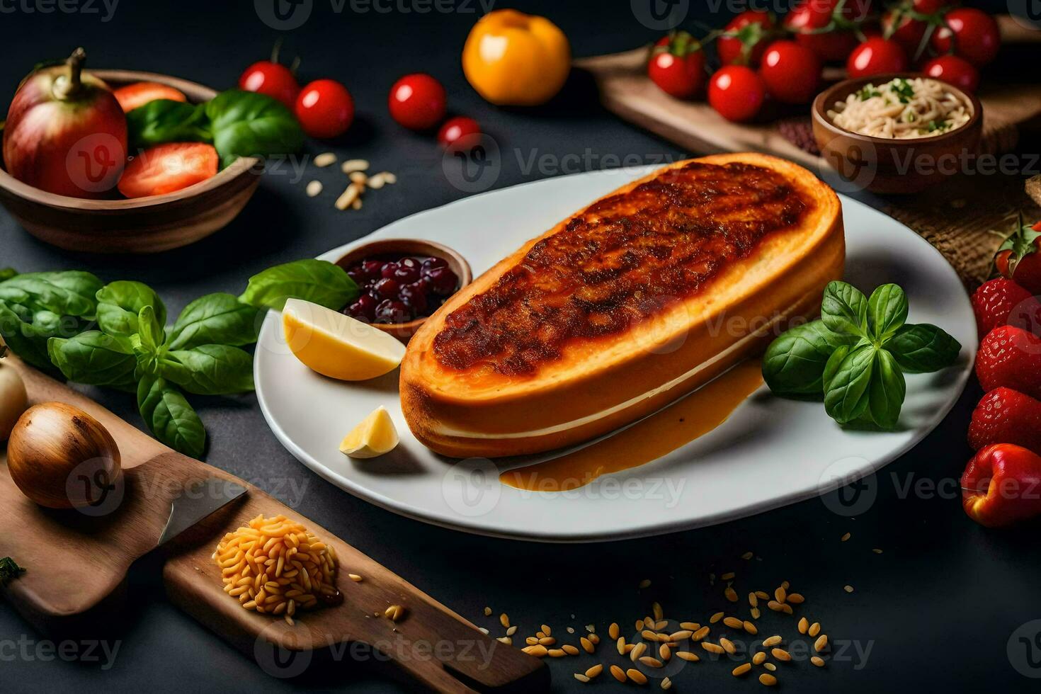 a plate with a baked cheese on top of it. AI-Generated photo