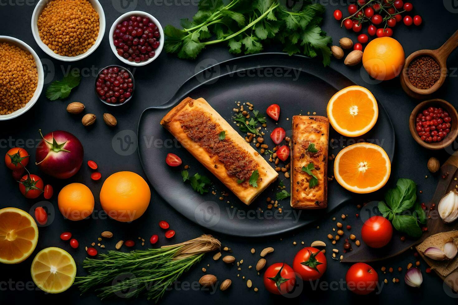 foods with spices and herbs on a black background. AI-Generated photo