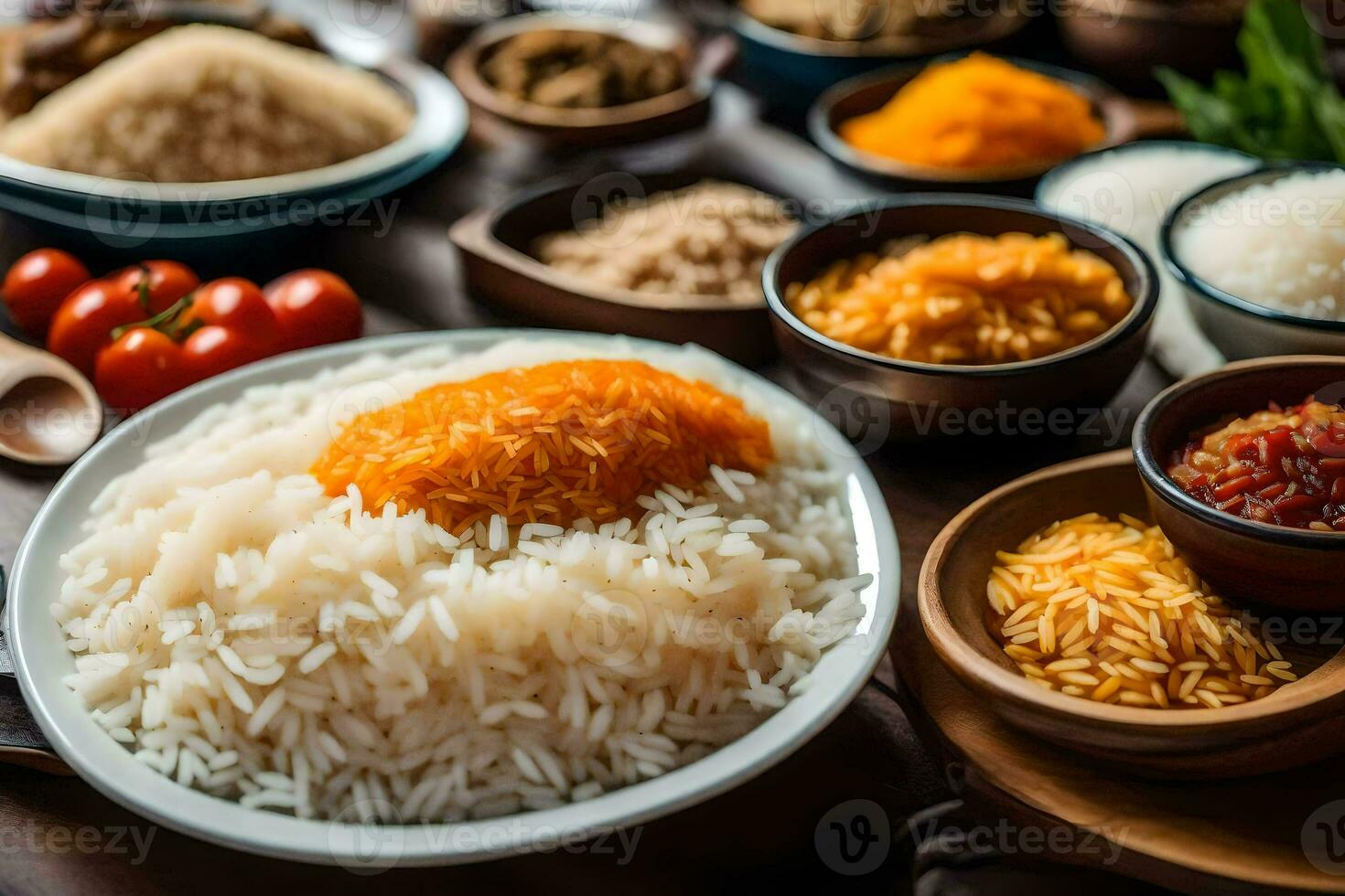 various types of rice and other ingredients on a table. AI-Generated photo