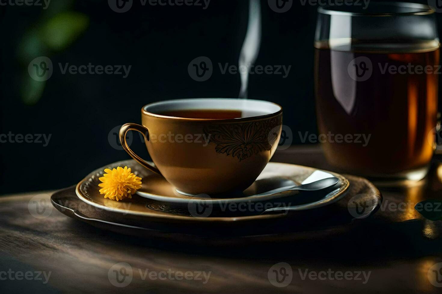 a cup of tea and a dandelion flower on a wooden table. AI-Generated photo