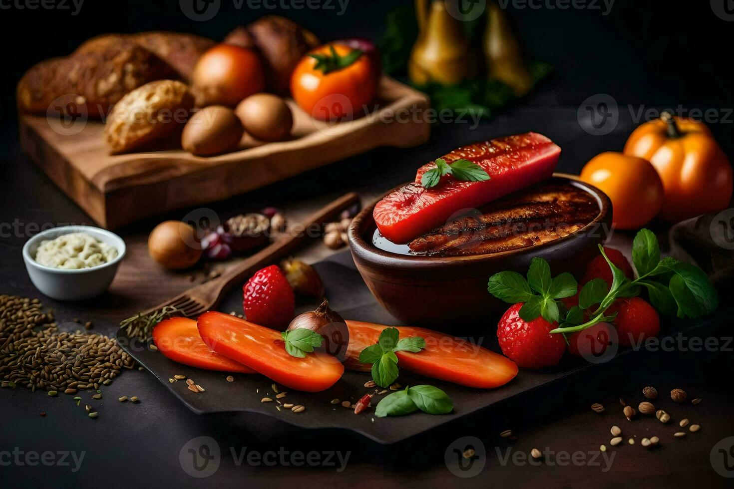 foods on a wooden table. AI-Generated photo