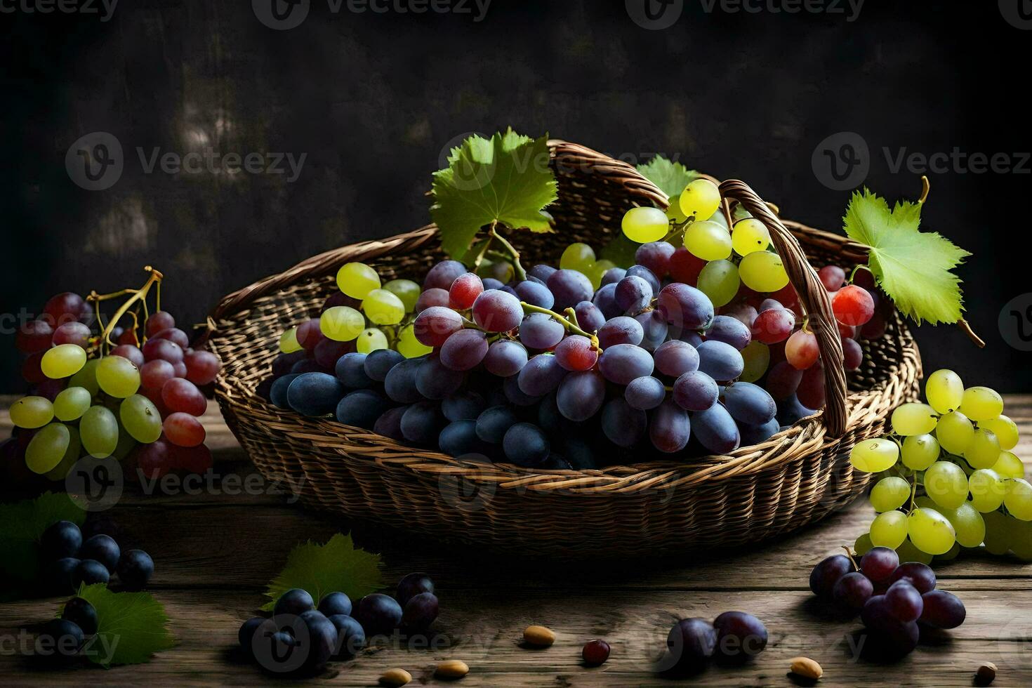 grapes in a basket on a wooden table. AI-Generated photo