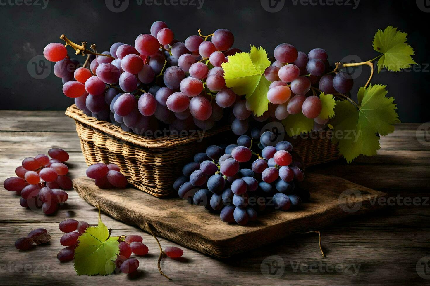 grapes in a basket on a wooden table. AI-Generated photo