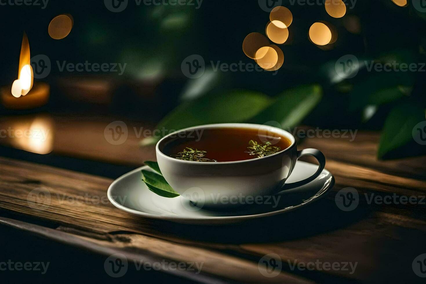 a cup of tea on a wooden table. AI-Generated photo