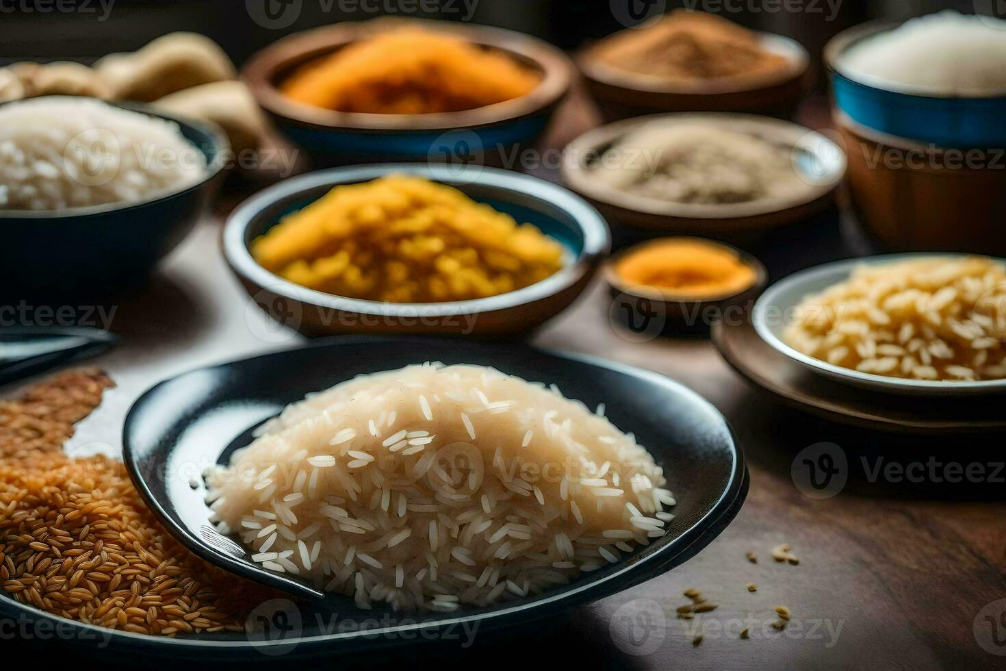 various types of rice in bowls and bowls. AI-Generated photo