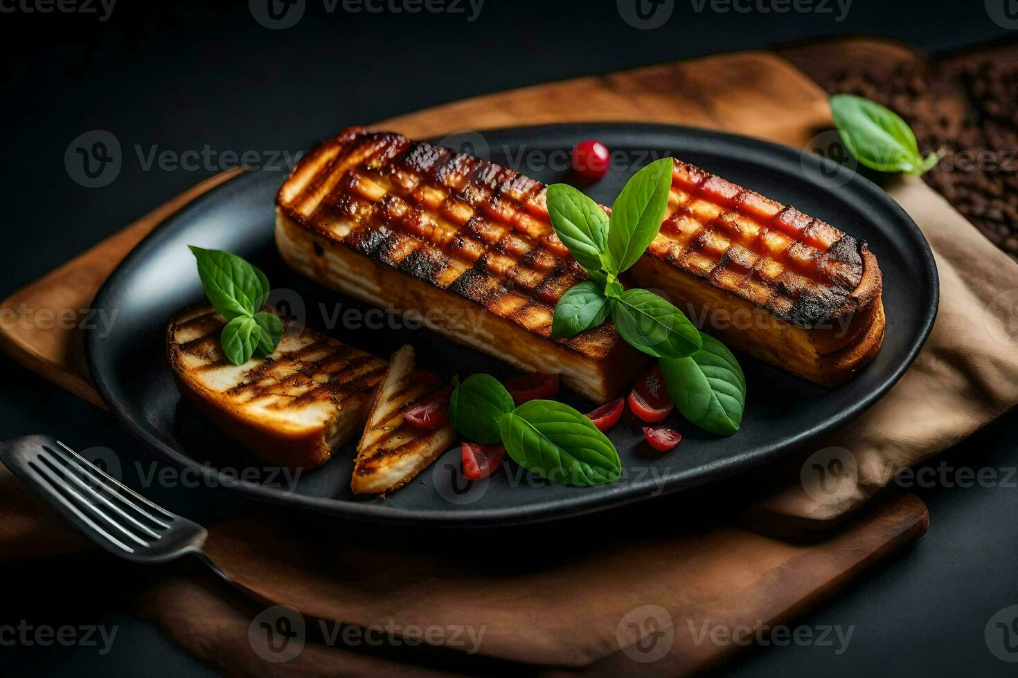 grilled pork chops on a black plate with fresh herbs. AI-Generated photo