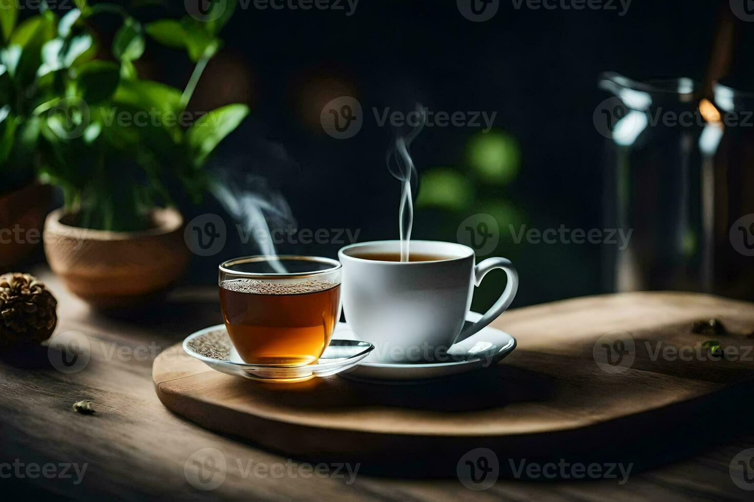 a cup of tea on a wooden table. AI-Generated photo