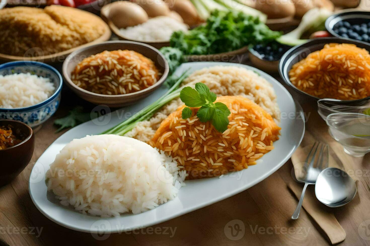 a table with many different types of rice and other foods. AI-Generated photo