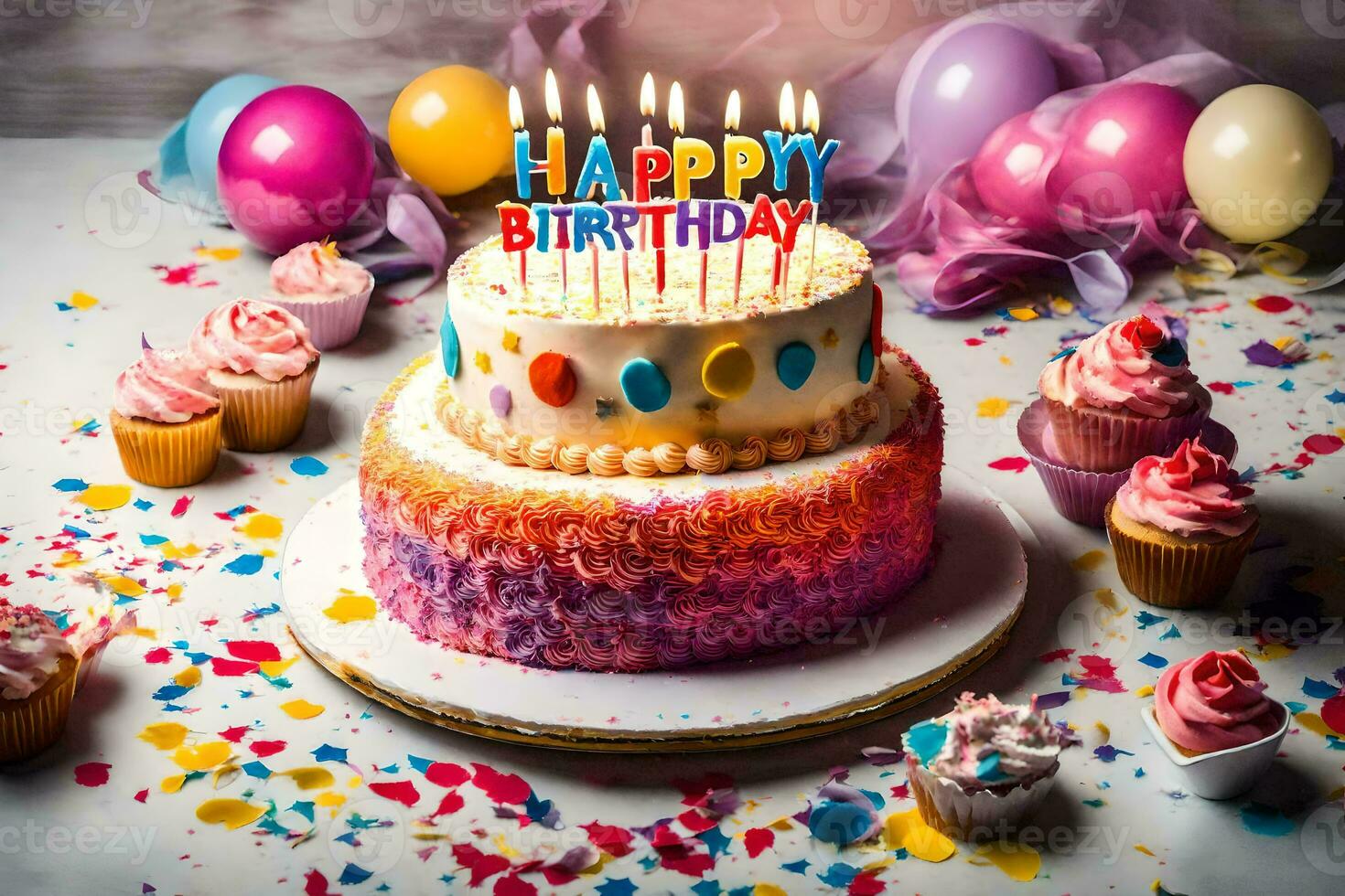 a birthday cake with candles on top. AI-Generated photo