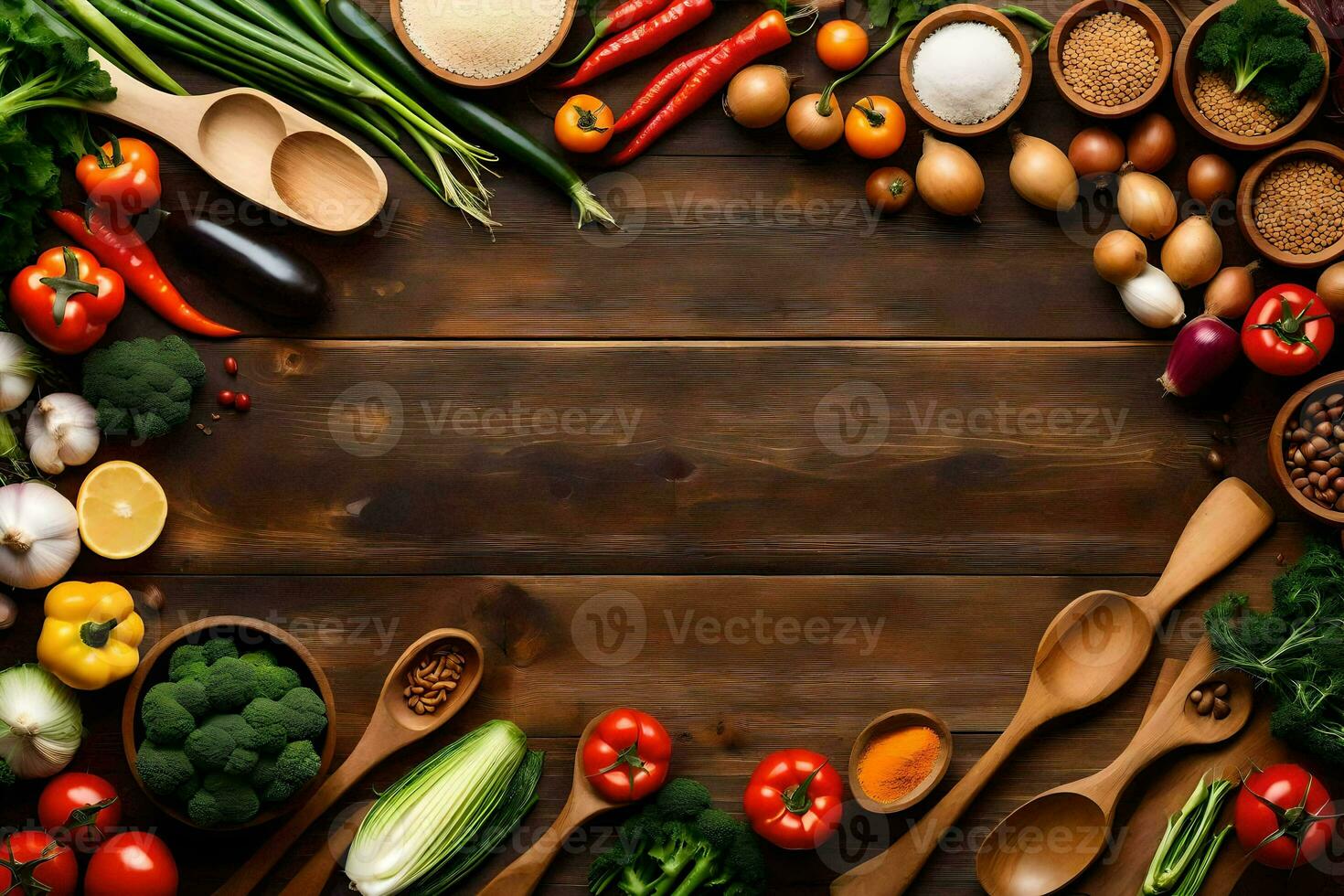 a wooden table with various vegetables and spices. AI-Generated photo