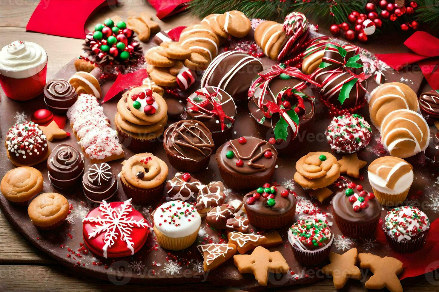 a large plate of christmas cookies and desserts. AI-Generated photo