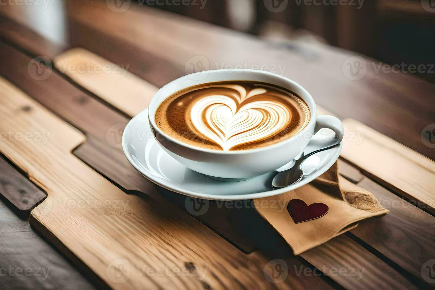a cup of coffee with a heart shaped latte art on the table. AI-Generated photo