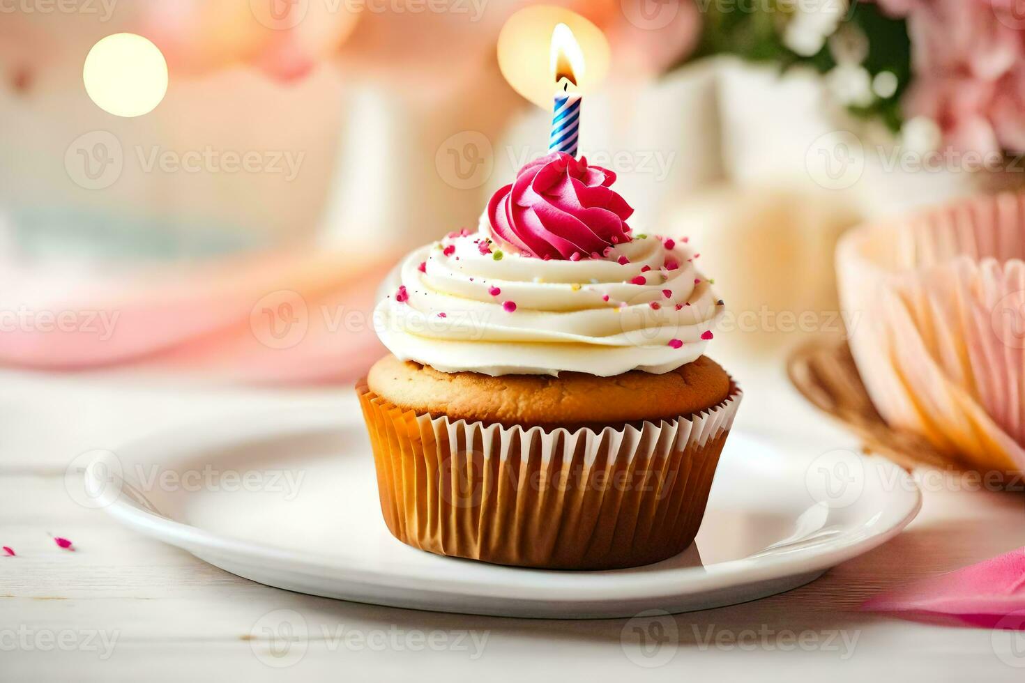 a cupcake with a single candle on top. AI-Generated photo