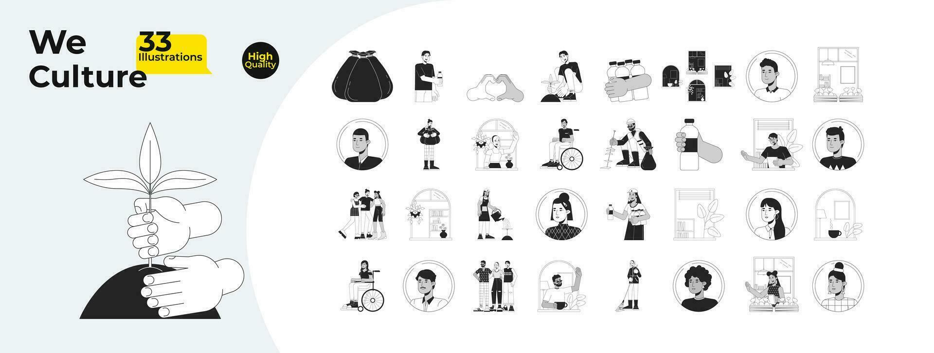 Members community collaboration black and white cartoon flat illustration bundle. Help volunteers diverse 2D lineart characters isolated. Sustainable support monochrome vector outline image collection