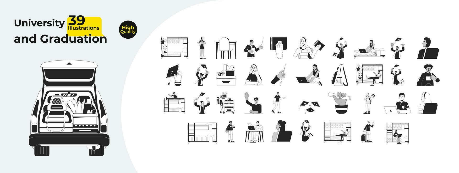 University students happy black and white cartoon flat illustration bundle. Graduate freshmen 2D lineart characters, objects isolated. Baggage college study monochrome vector outline image collection