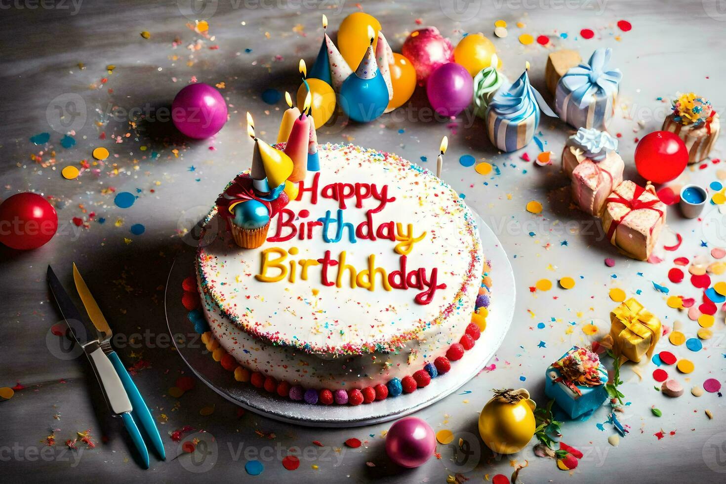 a birthday cake with candles and confetti. AI-Generated photo