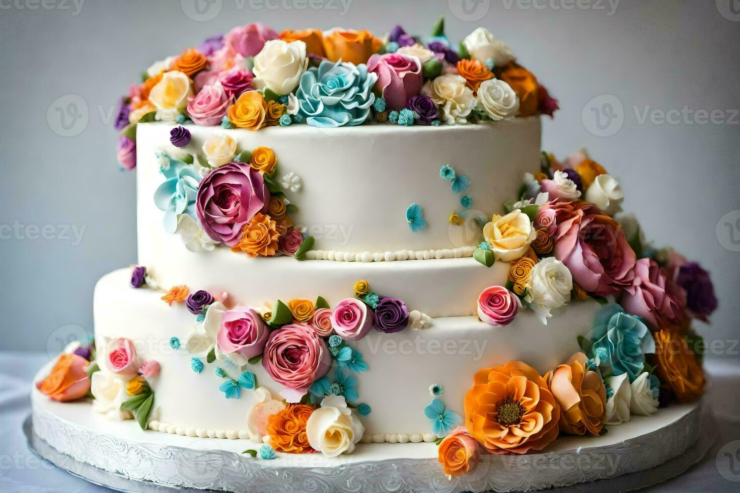 a three tiered cake with colorful flowers on top. AI-Generated photo