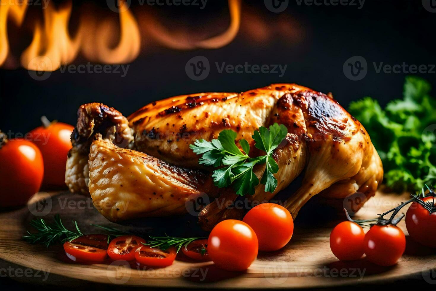 a roasted chicken on a wooden board with tomatoes and herbs. AI-Generated photo