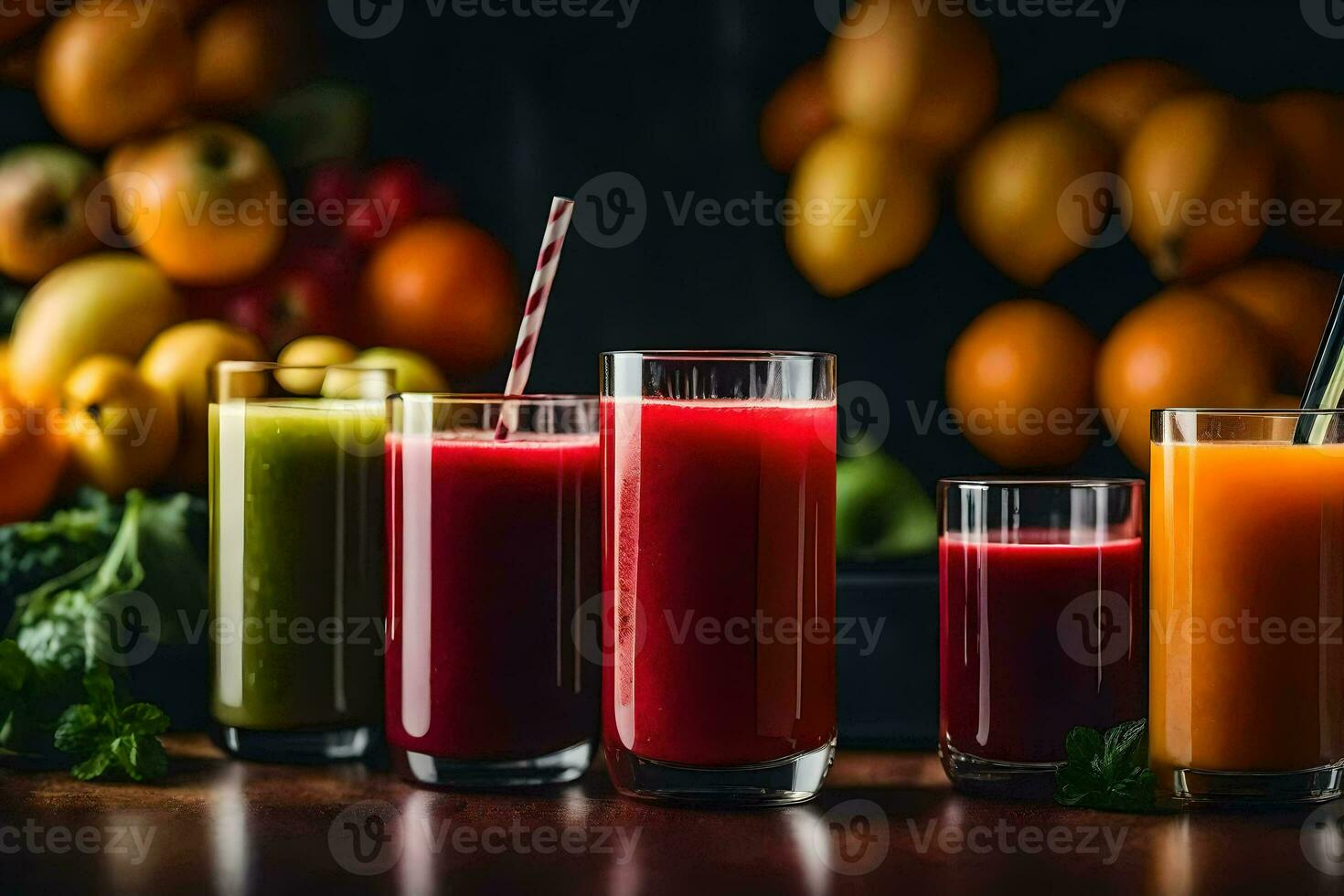un variedad de jugos en lentes en un mesa. generado por ai foto