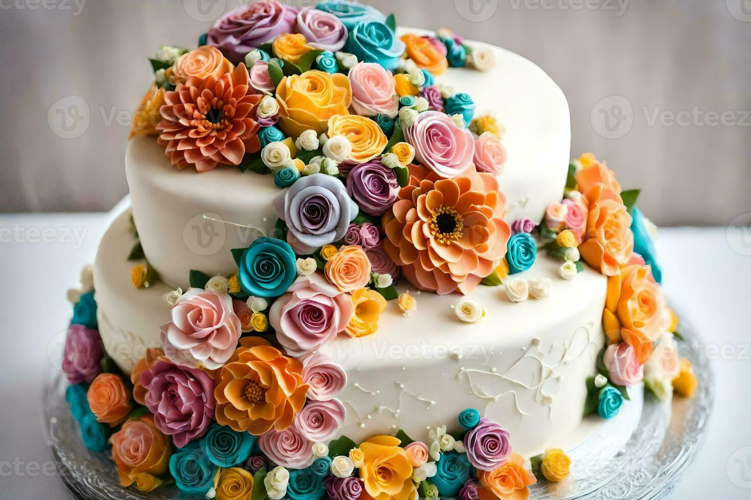 a cake decorated with colorful flowers. AI-Generated photo